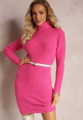 Fuksjowa Sweterkowa Sukienka Mini w Prążki z Wełną Klonxe. Czerwone sukienki Renee, bez wzorów, z dzianiny, bez kołnierzyka, bez ramiączek, mini. W wyprzedaży za 38.49 zł.