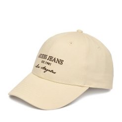 Czapka z daszkiem Guess Jeans. Brązowe czapki z daszkiem Guess Jeans, z aplikacjami, z jeansu. Za 79.99 zł.