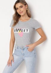 Szara Bawełniana Bluzka z Nadrukiem i Napisem Vemassa. Szare bluzki Born2be, m, bez wzorów, z bawełny, bez kołnierzyka, bez ramiączek. Za 49.99 zł.