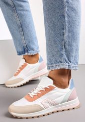 Biało-Beżowe Sznurowane Buty Sportowe Cashe. Białe buty sportowe lifestyle Renee, z aplikacjami, eleganckie, przed kostkę, bez zapięcia. W wyprzedaży za 103.99 zł.