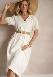 Biała Rozkloszowana Sukienka z Bawełny w Stylu Boho z Haftowanymi Zdobieniami Lannilsa. Białe sukienki Renee, na spotkanie biznesowe, l, z aplikacjami, z bawełny, boho, bez kołnierzyka, bez ramiączek, midi, rozkloszowane. W wyprzedaży za 119.99 zł.