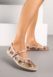 Beżowe Balerinki z Siateczki w Stylu Mary Jane Zdobione Kwiatowym Haftem Nitelissa. Brązowe baleriny Renee, z aplikacjami, biznesowe, bez obcasa, bez zapięcia. Za 59.99 zł.