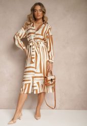 Beżowa Sukienka z Wiskozą o Koszulowym Kroju w Geometryczny Print Ninatria. Brązowe sukienki Renee, na co dzień, l, bez wzorów, z wiskozy, eleganckie, bez kołnierzyka, bez ramiączek, midi, koszulowe. W wyprzedaży za 107.99 zł.