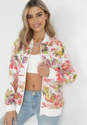 Biała Kurtka Bomberka w Kwiaty Irisima. Białe kurtki Born2be, l, bez wzorów, eleganckie, bez kaptura. W wyprzedaży za 104.99 zł.