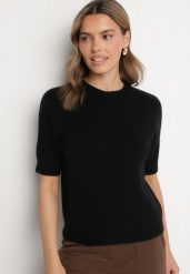 Czarny Sweter z Wełną z Krótkim Rękawem Dannoria. Czarne swetry Born2be, uniwersalny, bez wzorów, z jeansu, eleganckie, bez ramiączek. W wyprzedaży za 135.99 zł.