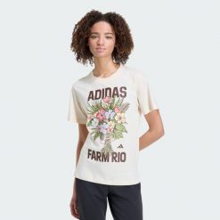 KOSZULKA Z GRAFIKĄ ADIDAS x FARM RIO. Brązowe t-shirty sportowe adidas, l, bez wzorów, z bawełny, bez ramiączek, do piłki nożnej. Za 149.00 zł.