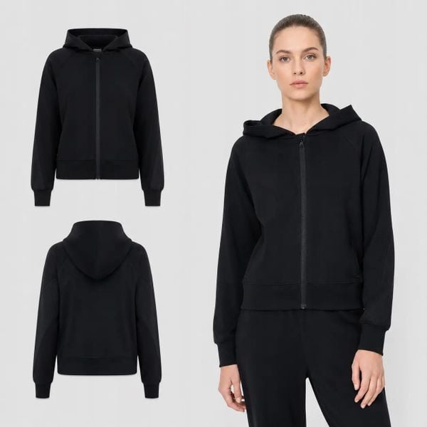 BLUZA DAMSKA DRESOWA 4F ROZPINANA Z KAPTUREM Z MODALEM KOLOR CZARNY. Czarne bluzy z kapturem 4f, l, bez wzorów, z dresówki, z kapturem, do biegania. Za 136.25 zł.