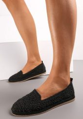 Czarne Wsuwane Espadryle z Plecioną Cholewką przed Kostkę Hensla. Czarne espadryle Renee, bez wzorów, bez obcasa. W wyprzedaży za 59.99 zł.