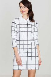 Szara Prosta Sukienka w Kratę z Kołnierzykiem. Szare sukienki Katrus, na co dzień, l, bez wzorów, bez kołnierzyka, bez ramiączek. Za 239.00 zł.