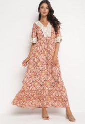 Pomarańczowa Maxi Sukienka w Stylu Boho z Wiskozy Ozdobiona Koronką i Falbanką Kamrius. Brązowe sukienki Born2be, l, bez wzorów, z koronki, boho, bez kołnierzyka, bez ramiączek, maxi. Za 139.99 zł.