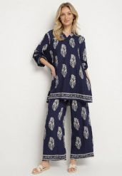 Granatowy Komplet w Stylu Boho Oversize Długa Koszula i Luźne Spodnie Meppina. Niebieskie koszule Born2be, m, bez wzorów, boho, bez kołnierzyka, bez ramiączek. Za 159.99 zł.