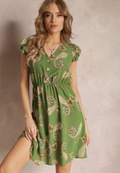 Zielona Rozkloszowana Sukienka Mini we Wzór Paisley Rachelli. Zielone sukienki Renee, l, z aplikacjami, eleganckie, bez kołnierzyka, bez ramiączek, mini, rozkloszowane. W wyprzedaży za 55.99 zł.