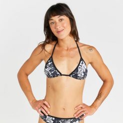 Góra kostiumu kąpielowego surfingowego damska Olaian Mae Borneo. Czarne bikini OLAIAN, bez wzorów, z elastanu, eleganckie. Za 29.99 zł.
