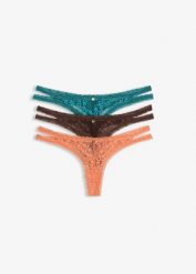 Stringi tanga z koronką w kwiaty (3 szt.). Brązowe stringi bonprix, bez wzorów, z koronki. Za 94.99 zł.