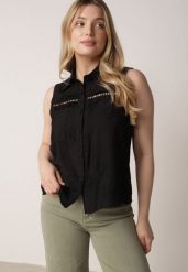 Czarna Wiskozowa Koszula Bez Rękawów w Stylu Boho z Haftem Viviebelle. Czarne koszule Born2be, m, bez wzorów, z wiskozy, boho, bez kołnierzyka, bez ramiączek. Za 79.99 zł.