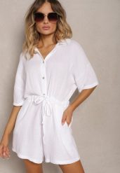 Biały Bawełniany Kombinezon Muślinowy Ozdobiony Troczkami Zapinany na Guziki Dlissa. Białe sukienki Renee, na co dzień, s, bez wzorów, z bawełny, eleganckie, bez kołnierzyka, bez ramiączek. W wyprzedaży za 99.99 zł.