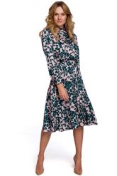 Rozkloszowana Sukienka w Kwiaty ze Stójką - Model 3. Czarne sukienki MOE, l, bez wzorów, z materiału, wizytowe, bez kołnierzyka, bez ramiączek, rozkloszowane. Za 324.90 zł.