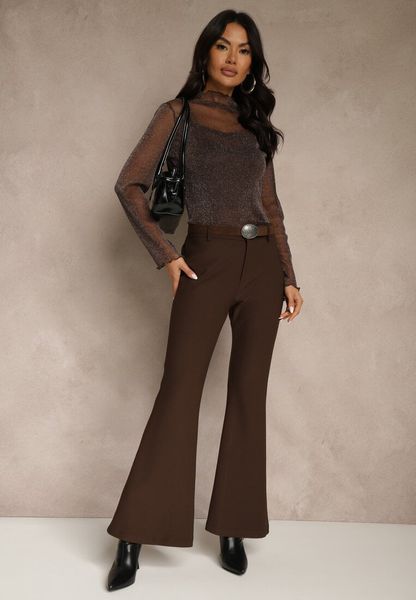 Brązowe Wiskozowe Spodnie Dzwony z Bawełną High Waist z Paskiem Lidassa. Brązowe jeansy Renee, l, bez wzorów, z bawełny, eleganckie, z podwyższonym stanem. Za 149.99 zł.