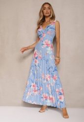 Niebieska Plisowana Sukienka o Rozkloszowanym Fasonie na Szerokich Ramiączkach Nitanela. Niebieskie sukienki Renee, na imprezę, l, bez wzorów, z materiału, eleganckie, bez kołnierzyka, bez ramiączek, maxi, plisowane. W wyprzedaży za 99.99 zł.
