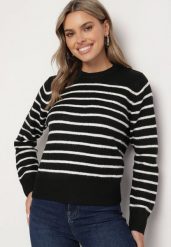 Czarny Sweter w Paski o Klasycznym Kroju Rialira. Czarne swetry Born2be, uniwersalny, bez wzorów, z jeansu, eleganckie, bez ramiączek. W wyprzedaży za 127.49 zł.
