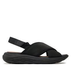 Sandały Geox. Czarne sandały Geox, bez wzorów, bez obcasa, na płaskiej podeszwie, bez zapięcia. Za 469.99 zł.
