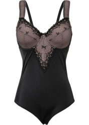 "Body ""minimizer"" na fiszbinach, z poliestru z recyklingu". Czarne body i gorsety bonprix, bez wzorów, z koronki, bez ramiączek. Za 142.99 zł.