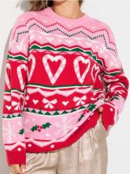 Świąteczny sweter w serca i śnieżynki - wielobarwny. Swetry Sinsay, l, bez wzorów, wizytowe, bez ramiączek. Za 59.99 zł.