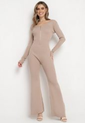 Beżowy Wiskozowy Kombinezon Bodycon z Prążkowaniem i Suwakiem Alnorema. Brązowe sukienki Born2be, bez wzorów, prążkowane, eleganckie, bez kołnierzyka, bez ramiączek, bodycon. W wyprzedaży za 118.99 zł.
