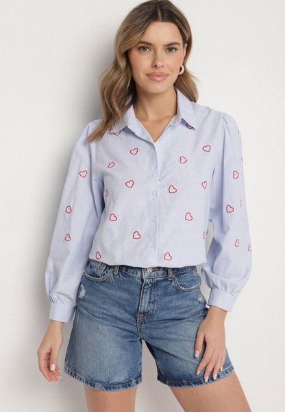 Niebiesko-Czerwona Bawełniana Koszula z Ozdobnym Haftem Doviene. Niebieskie koszule Born2be, l, bez wzorów, z bawełny, eleganckie, bez kołnierzyka, bez ramiączek. Za 69.99 zł.