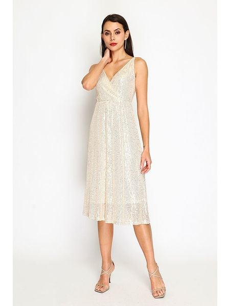 ASSUILI Sukienka w kolorze beżowym rozmiar: 36. Brązowe sukienki Assuili, bez wzorów, klasyczne, bez kołnierzyka, bez ramiączek, midi. Za 158.10 zł.