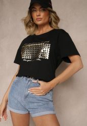 Czarny T-shirt z Bawełny z Naszytymi Cekinami Avenelli. Czarne t-shirty Renee, xl, bez wzorów, z bawełny, eleganckie, bez kołnierzyka, bez ramiączek. W wyprzedaży za 43.99 zł.