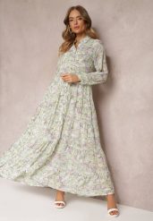 Miętowa Koszulowa Sukienka Maxi w Kwiaty z Falbaną na Dole Nilmisse. Zielone sukienki Renee, l, bez wzorów, bez kołnierzyka, bez ramiączek, maxi, koszulowe. W wyprzedaży za 135.99 zł.