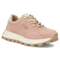 Skórzane półbuty sneakersy na platformie różowe Filippo DP7498. Czerwone półbuty wsuwane Filippo, bez wzorów, ze skóry, sportowe, bez obcasa, na platformie. Za 219.99 zł.