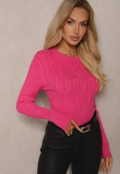 Ciemnoróżowy Sweter z Wiskozą i Ozdobnym Splotem Saviana. Czerwone swetry Renee, bez wzorów, z jeansu, casualowe, bez ramiączek. Za 79.99 zł.