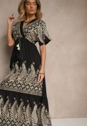 Czarna Wiskozowa Sukienka Boho o Kopertowym Kroju z Metalicznym Haftem Redeselle. Czarne sukienki Renee, na co dzień, m, z aplikacjami, z wiskozy, boho, bez kołnierzyka, bez ramiączek, maxi, kopertowe. W wyprzedaży za 83.99 zł.