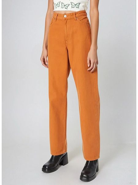 Monki Dżinsy - Regular fit - w kolorze pomarańczowym rozmiar: W24. Pomarańczowe jeansy Monki, bez wzorów, z bawełny, klasyczne, z podwyższonym stanem. Za 60.99 zł.