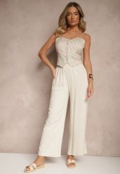 Beżowe Szerokie Spodnie z Lnem High Waist Sanitria. Brązowe jeansy Renee, bez wzorów, z jeansu, eleganckie, z podwyższonym stanem. W wyprzedaży za 41.99 zł.