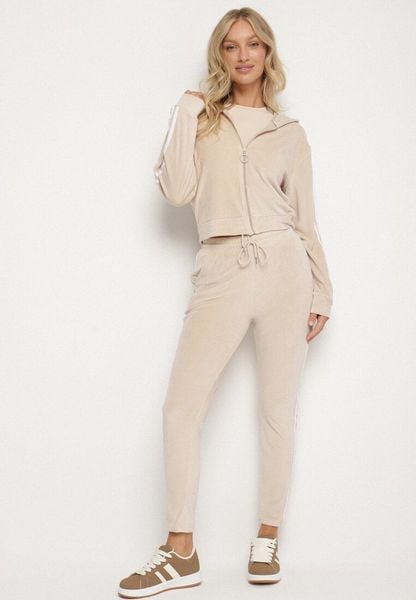 Beżowy Welurowy Komplet Dresowy 2-Częściowy z Lampasami Bluza i Spodnie Atiriv. Brązowe bluzy Born2be, m, bez wzorów, z dresówki, eleganckie, bez ramiączek, bez kaptura. Za 79.99 zł.