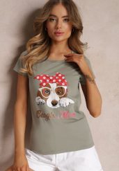 Jasnozielony T-shirt z Krótkim Rękawem i Nadrukiem Lintha. Zielone t-shirty Renee, m, bez wzorów, z bawełny, klasyczne, bez kołnierzyka, bez ramiączek. W wyprzedaży za 44.99 zł.