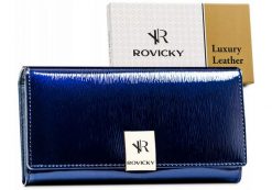 Portfel skórzany Rovicky RH-27A-1-SH niebieski. Niebieskie portfele ROVICKY, z aplikacjami, z lakierowanej skóry. Za 95.99 zł.