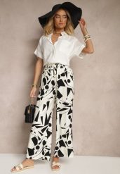 Jasnobeżowe Szerokie Spodnie High Waist z Wiskozy Zdobione Abstrakcyjnym Printem Zileira. Brązowe jeansy Renee, z aplikacjami, z jeansu, eleganckie, z podwyższonym stanem. W wyprzedaży za 47.99 zł.