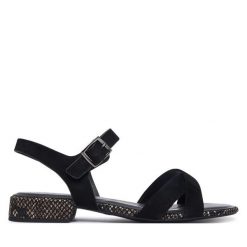 Sandały Tamaris. Czarne sandały Tamaris, bez wzorów, bez obcasa, na słupku, bez zapięcia. Za 299.99 zł.
