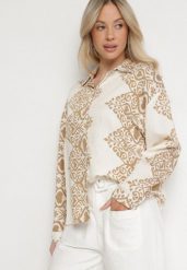 Beżowa Wiskozowa Koszula z Lnem w Ornamentalny Wzór Avellia. Brązowe koszule Born2be, l, bez wzorów, z wiskozy, eleganckie, bez kołnierzyka, bez ramiączek. Za 109.99 zł.