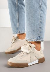 Beżowe Sneakersy Tenisówki z Ozdobnym Językiem Alaviela. Brązowe trampki Born2be, bez wzorów, z jeansu, eleganckie, bez zapięcia. W wyprzedaży za 84.99 zł.