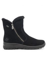 Rieker Botki L7162-00 Czarny. Czarne botki Rieker, bez wzorów, bez obcasa, na płaskiej podeszwie, bez zapięcia. Za 389.99 zł.