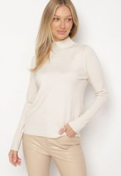 Jasnobeżowy Gładki Sweter z Półgolfem w Stylu Casual Unallia. Brązowe swetry Born2be, l, bez wzorów, z jeansu, biznesowe, bez ramiączek. Za 59.99 zł.