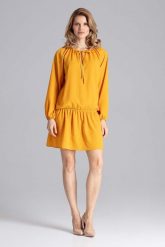 Luźna Musztardowa Sukienka z Gumką na Biodrach. Czerwone sukienki Figl, l, bez wzorów, z elastanu, wizytowe, bez kołnierzyka, bez ramiączek. Za 269.00 zł.