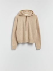 Wełniany sweter z kapturem - beżowy. Brązowe swetry Reserved, l, bez wzorów, z dzianiny, bez ramiączek. Za 229.99 zł.