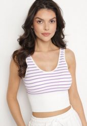 Biało-Fioletowy Tank Top w Paski z Prążkowanej Tkaniny Sesillia. Fioletowe topy Born2be, s, bez wzorów, z jeansu, eleganckie, bez kołnierzyka, bez ramiączek. Za 39.99 zł.