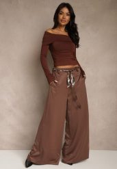 Brązowe Szerokie Spodnie z Paskiem w Stylu Wstążki Tussema. Brązowe jeansy Renee, l, bez wzorów, z jeansu. Za 119.99 zł.